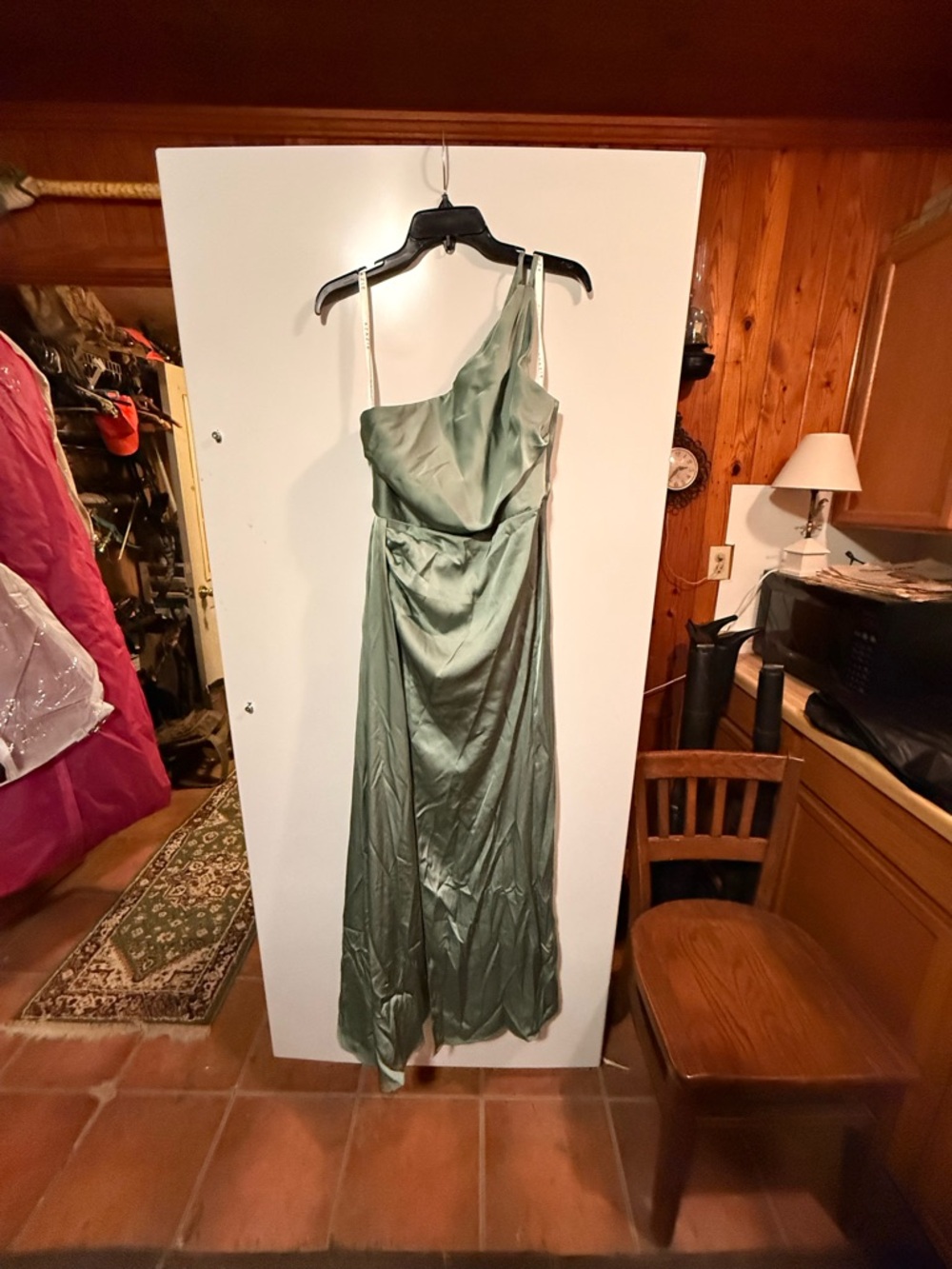Azazie One-Shoulder Sage Green Satin Prom Gown